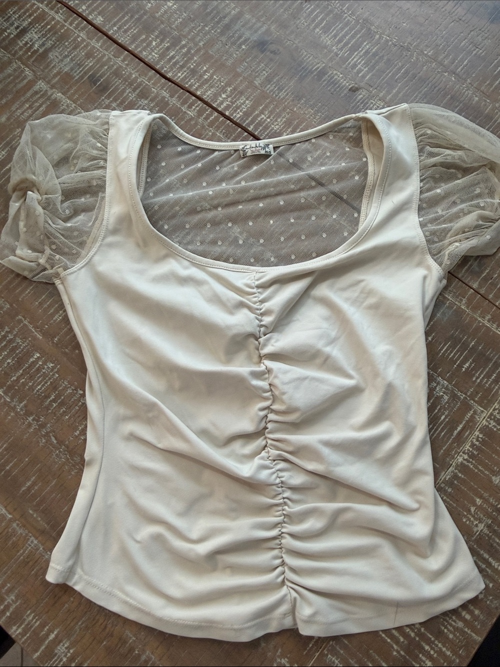 Free People Ivory Ruched Scoop Tee with Sheer Dot Puff Sleeves
